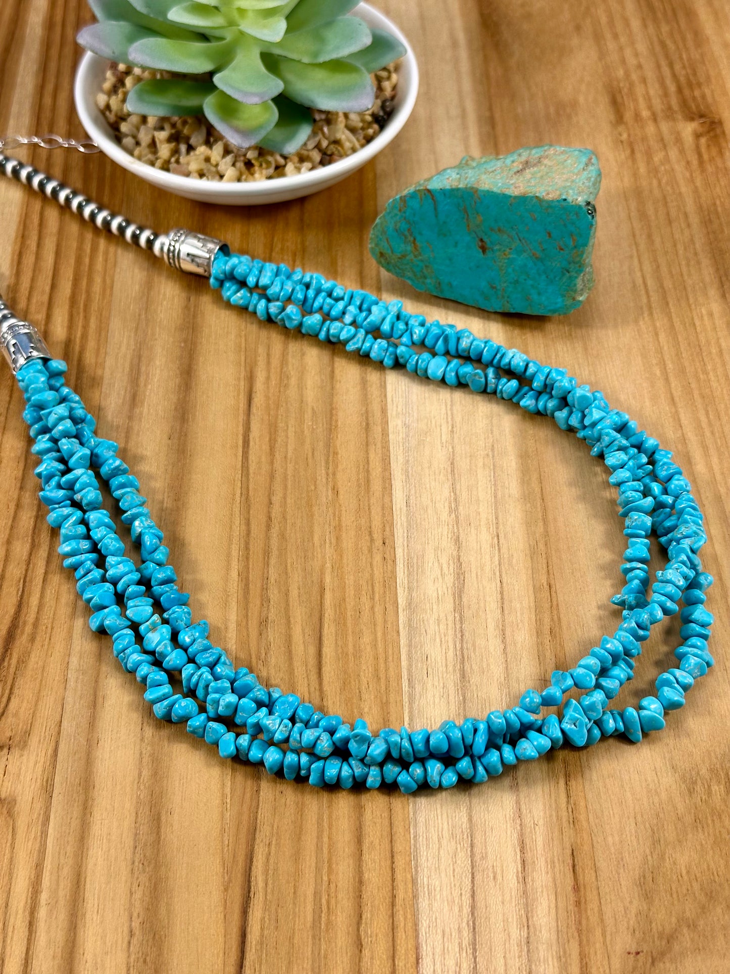 Kingman Turquoise 3 Strand Chip & Sterling Pearl Necklace