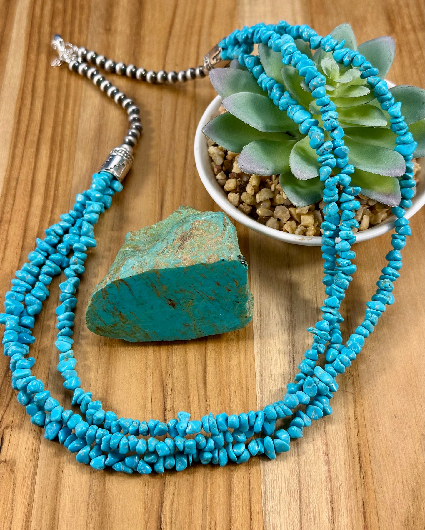 Kingman Turquoise 3 Strand Chip & Sterling Pearl Necklace