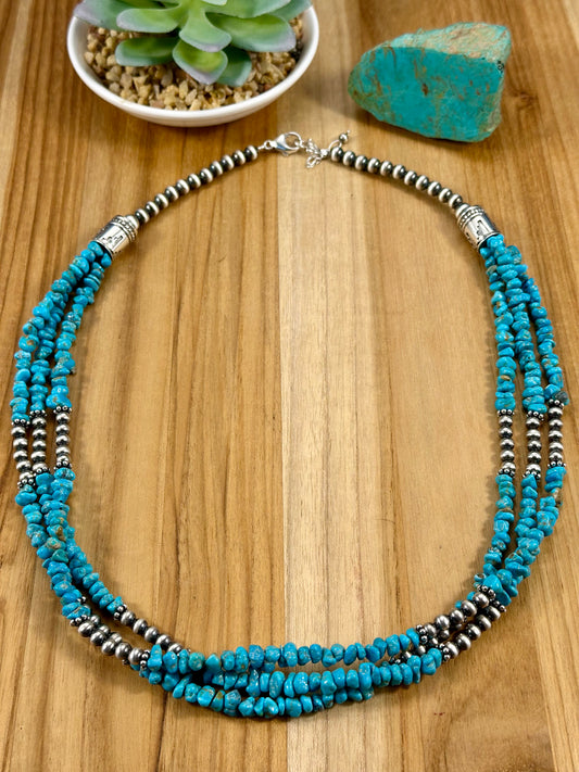 Kingman Turquoise 3 Strand Chip & Sterling Pearl Necklace