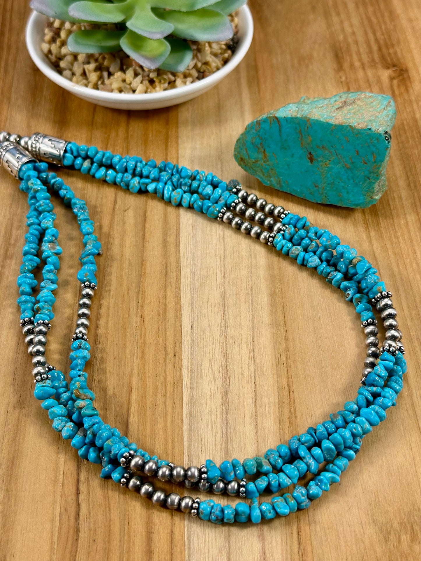 Kingman Turquoise 3 Strand Chip & Sterling Pearl Necklace