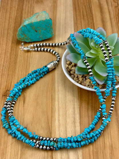 Kingman Turquoise 3 Strand Chip & Sterling Pearl Necklace