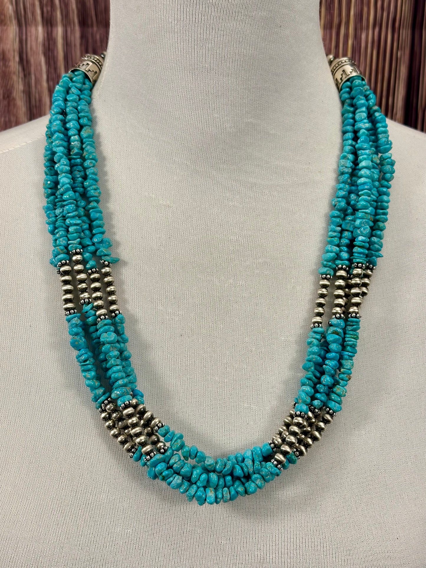 Kingman Turquoise Chip & Sterling Pearl Necklace