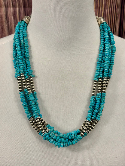 Kingman Turquoise Chip & Sterling Pearl Necklace