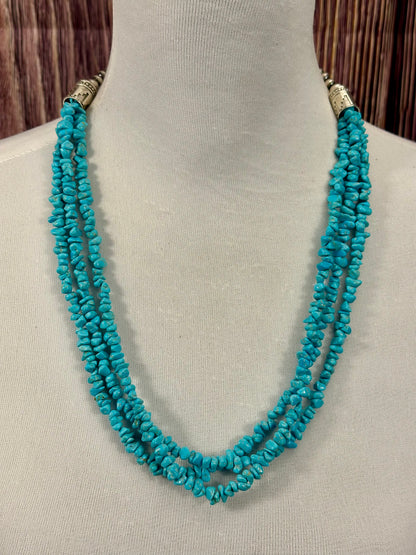 Kingman Turquoise 3 Strand Chip & Sterling Pearl Necklace