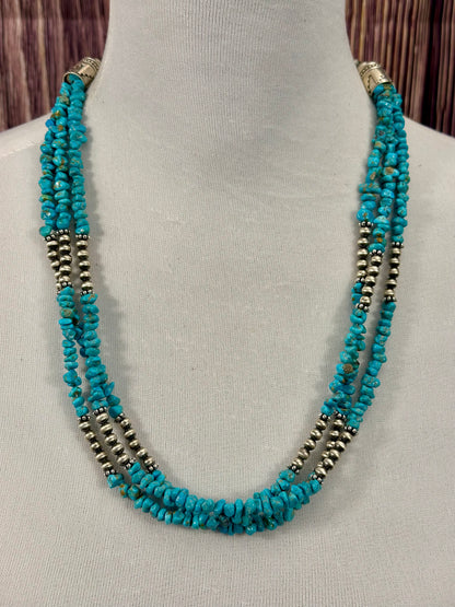 Kingman Turquoise 3 Strand Chip & Sterling Pearl Necklace