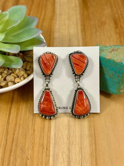 Red Spiny 2 Stone Dangle Earrings