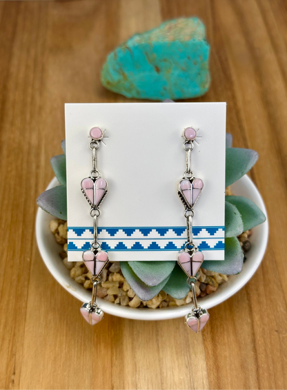 Pink Conch Inlay Heart Dangle Earrings