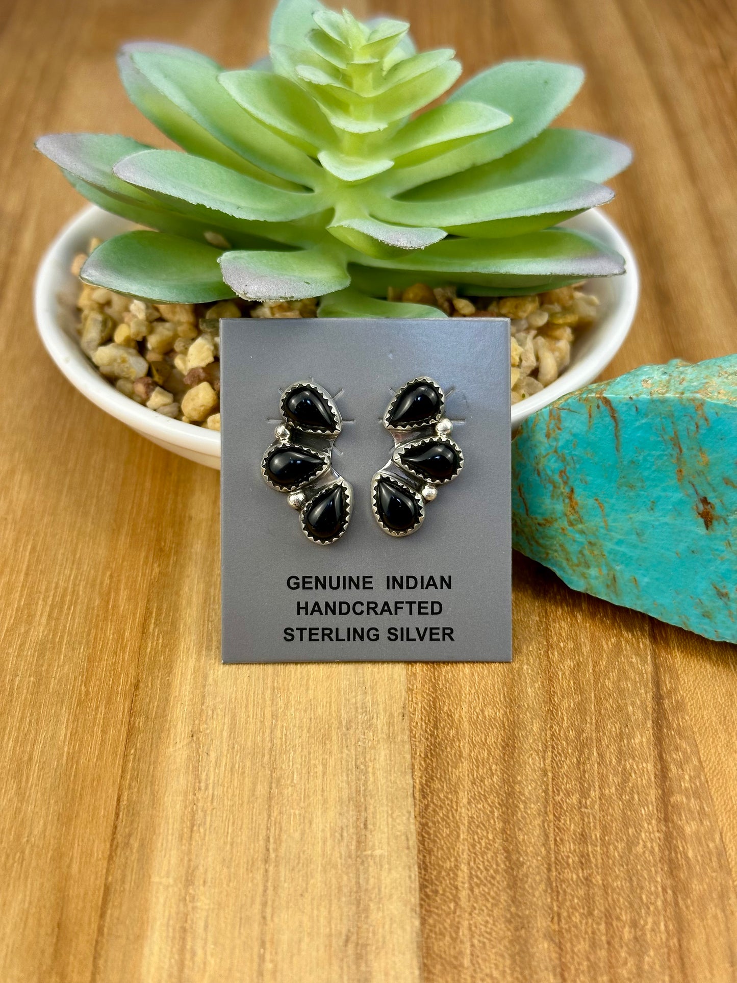 Black Onyx Half Cluster Sterling Earrings