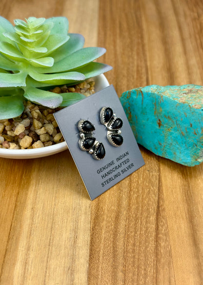 Black Onyx Half Cluster Sterling Earrings