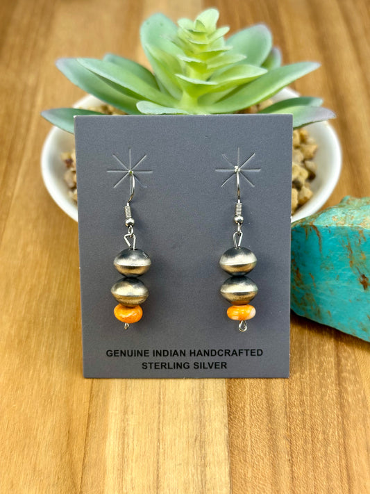 Orange Spiny & Sterling Pearl Dangle Earrings