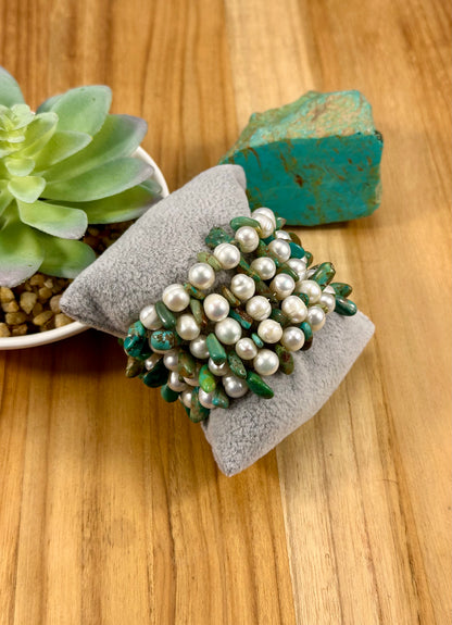 Kingman & Freshwater Pearl Memory Wire Bracelet