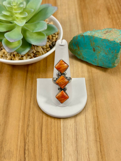 Orange Spiny 3 Stone Sterling Ring