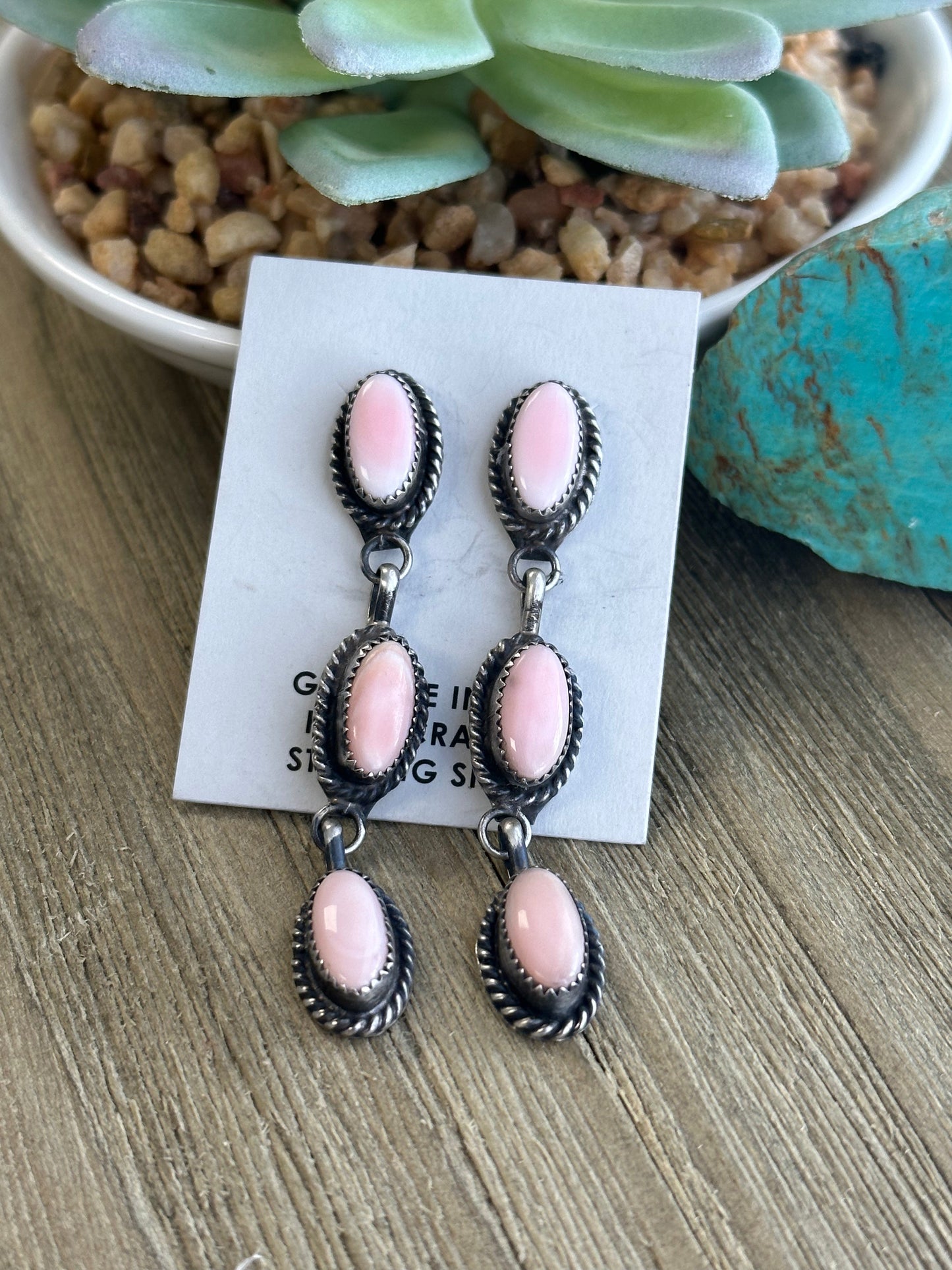 Pink Conch 3 Stone Dangle Earrings