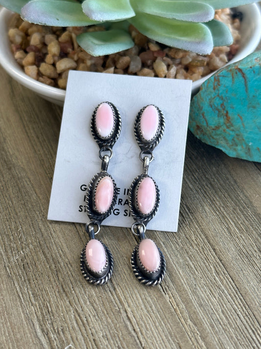 Pink Conch 3 Stone Dangle Earrings