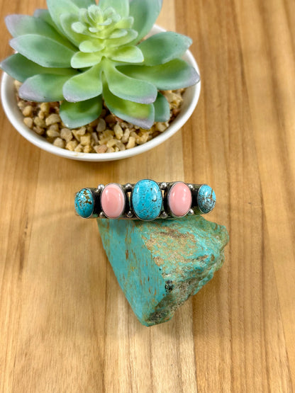 5 Stone Kingman Turquoise and Pink Conch Cuff