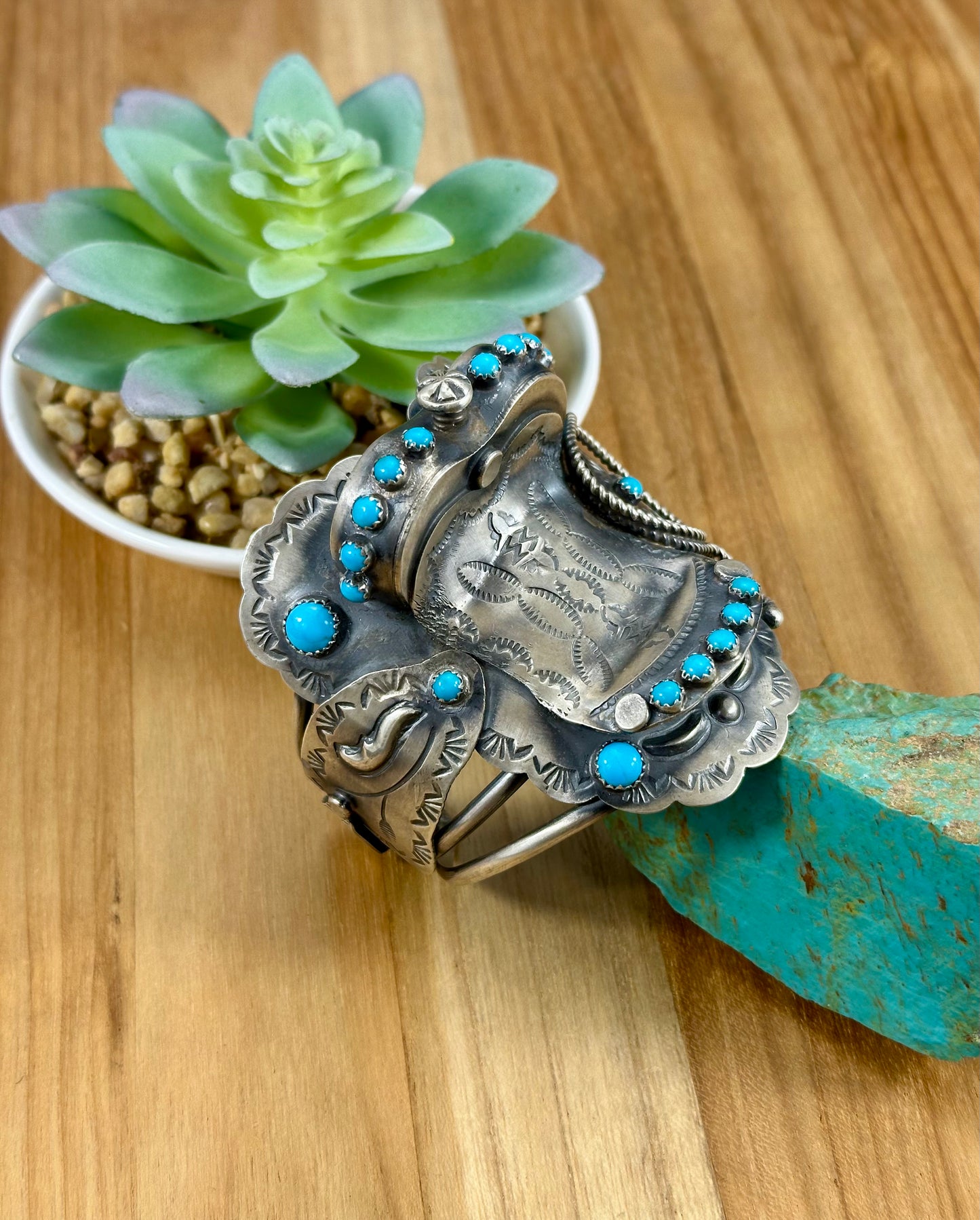Kingman Turquoise Horse Saddle Sterling Cuff