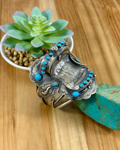 Kingman Turquoise Horse Saddle Sterling Cuff