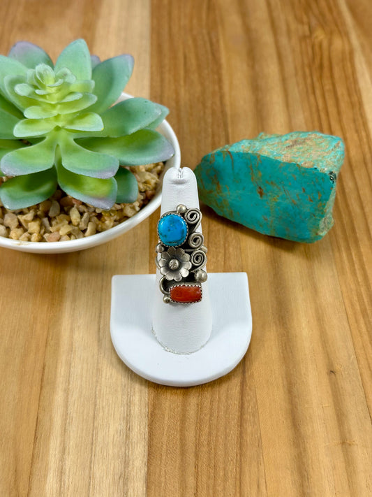 Kingman Turquoise & Coral Sterling Ring