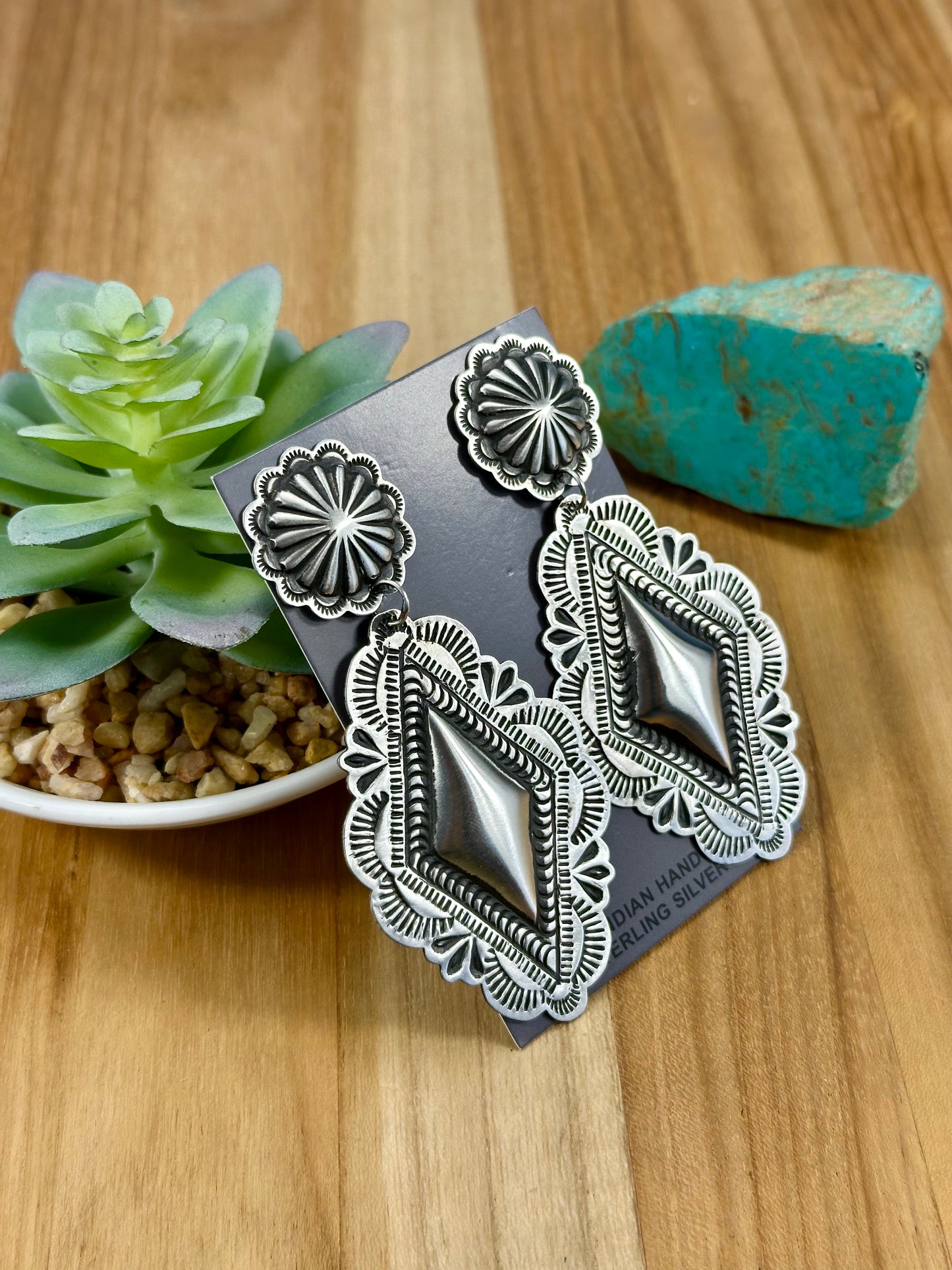 Sterling Silver Stamped Diamond Dangle Earrings