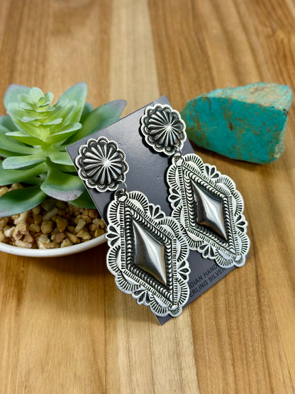 Sterling Silver Stamped Diamond Dangle Earrings