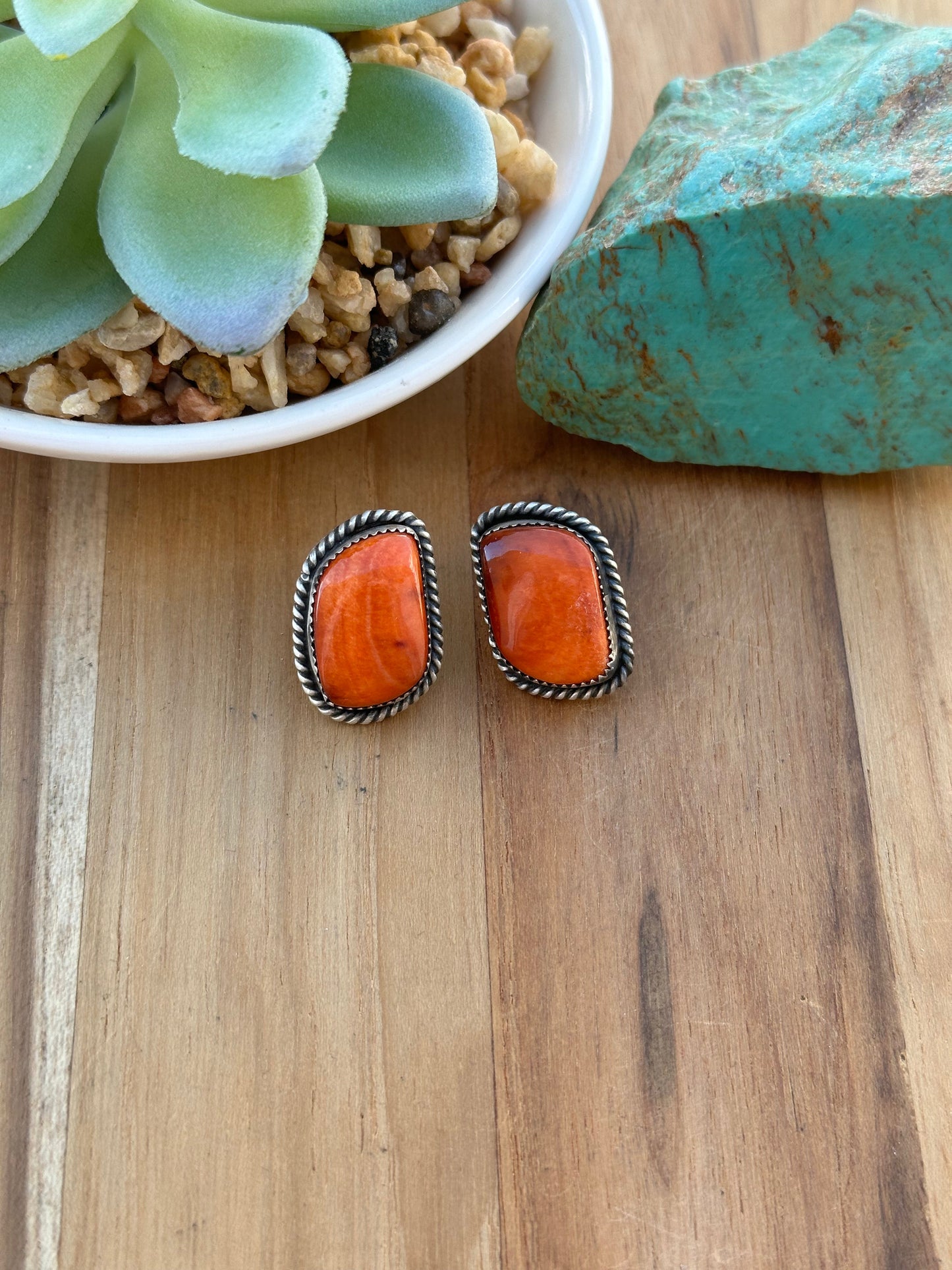 Orange Spiny Sterling Silver Stud Earrings
