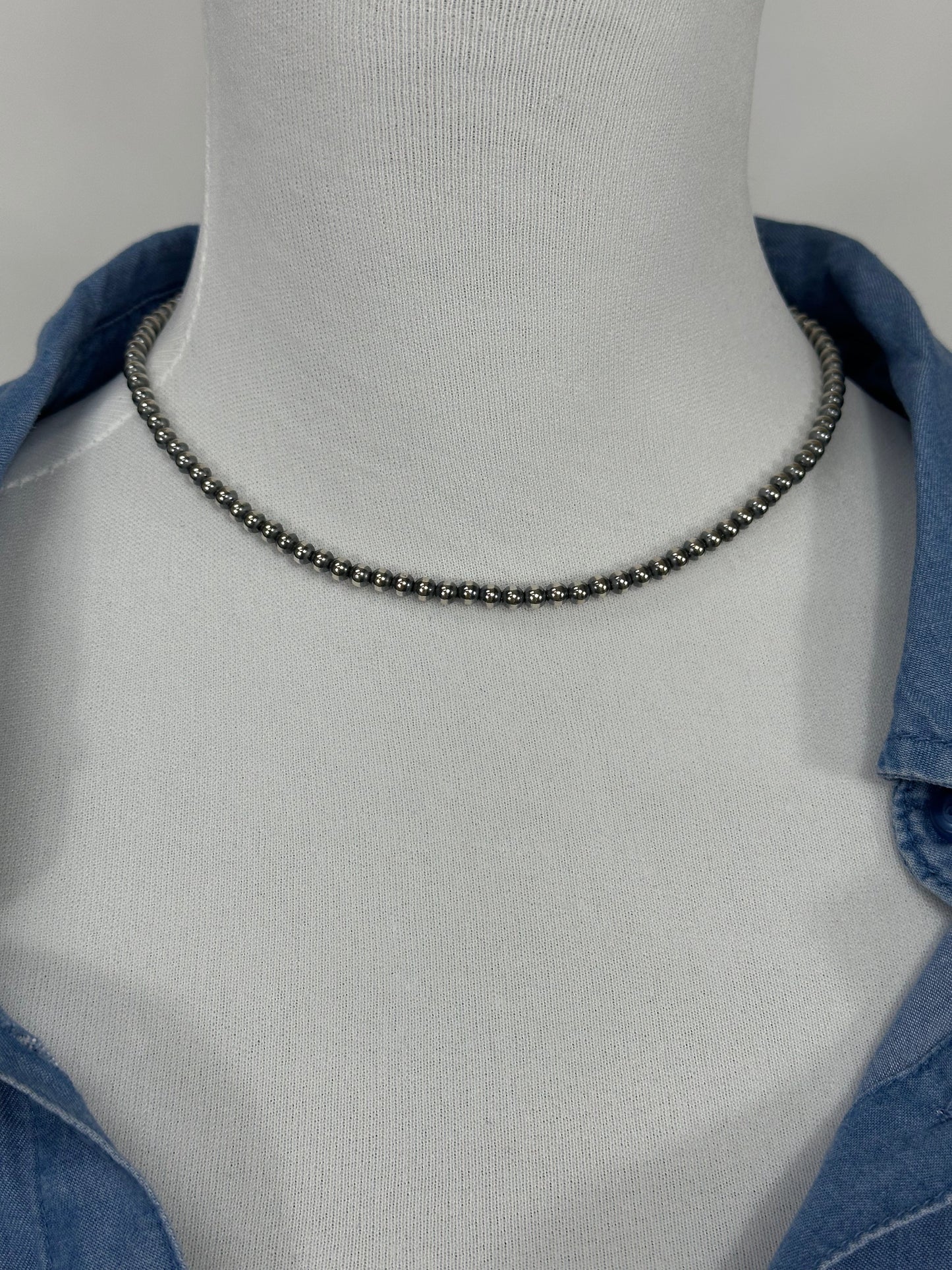 4MM " Navajo Style" Sterling Pearls Necklace