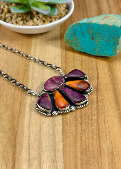 Purple & Orange Spiny Sterling Cluster Necklace
