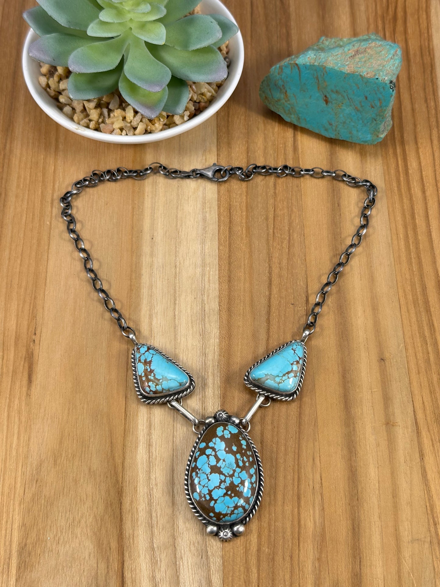 Kingman Turquoise 3 Stone Sterling Necklace