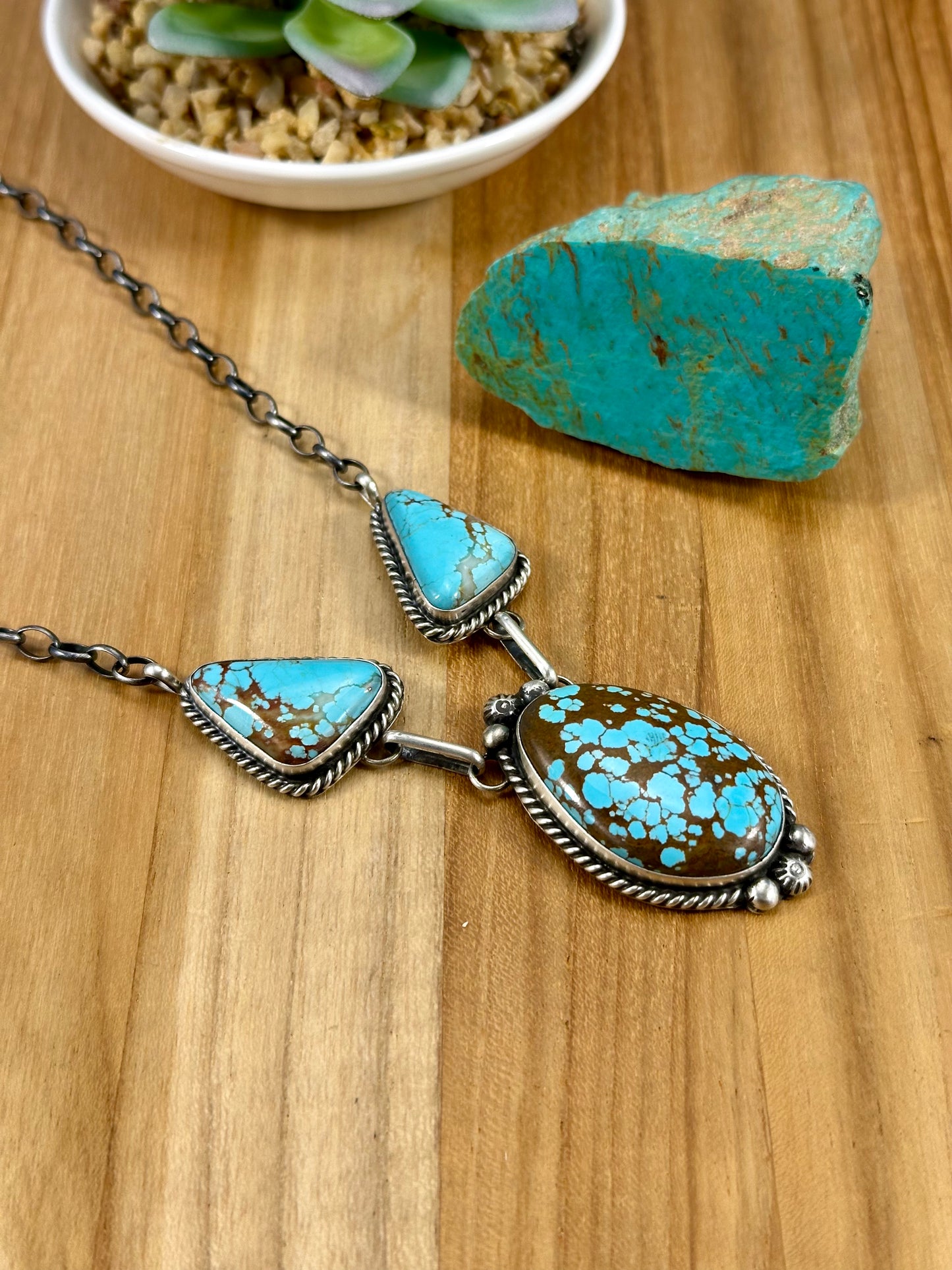 Kingman Turquoise 3 Stone Sterling Necklace