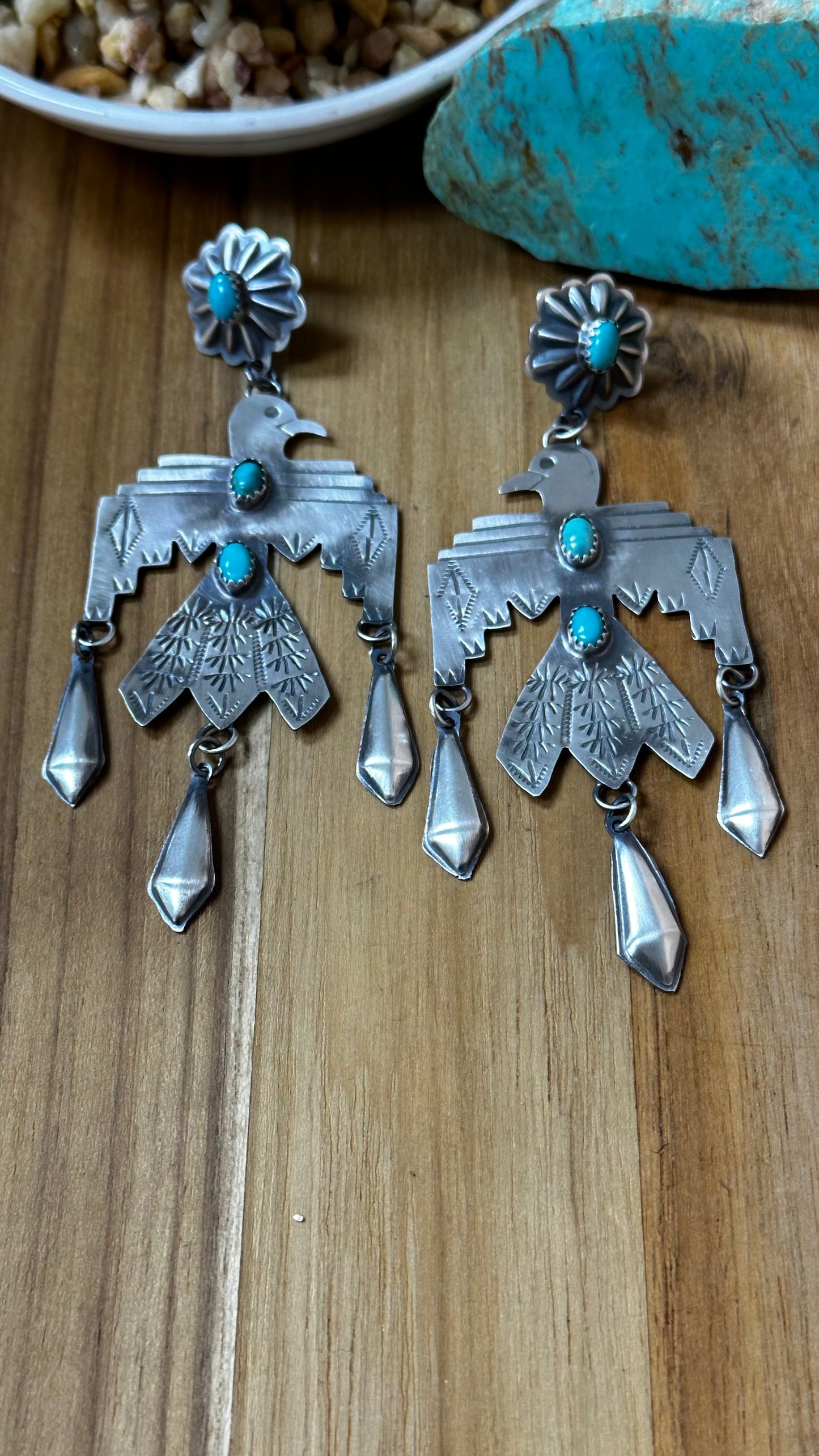Kingman Turquoise Thunderbird Dangle Earrings