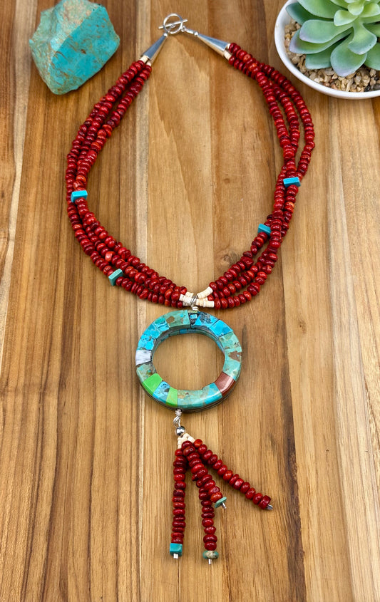 Coral & Multi Stone Inlay Bead Necklace