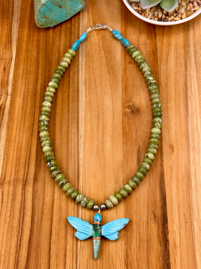 Kingman Turquoise Inlay Dragonfly Necklace