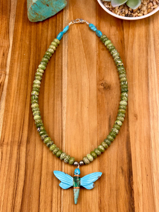 Kingman Turquoise Inlay Dragonfly Necklace