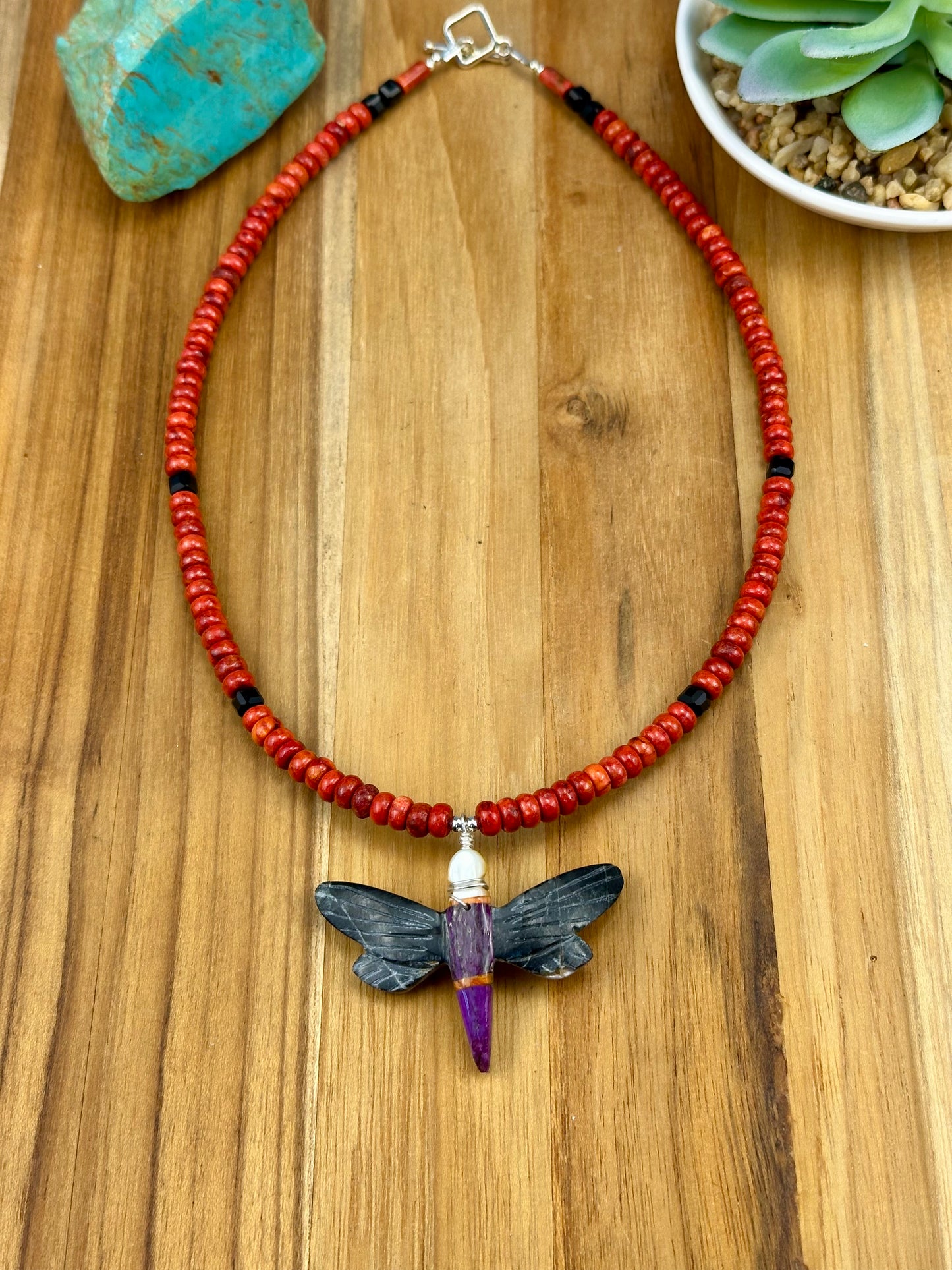 Coral & Multistone Inlay Dragonfly Necklace