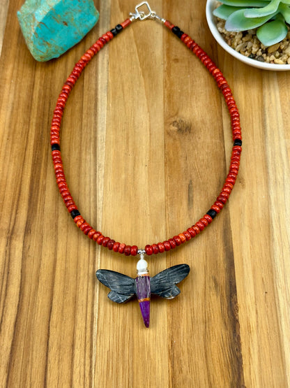 Coral & Multistone Inlay Dragonfly Necklace