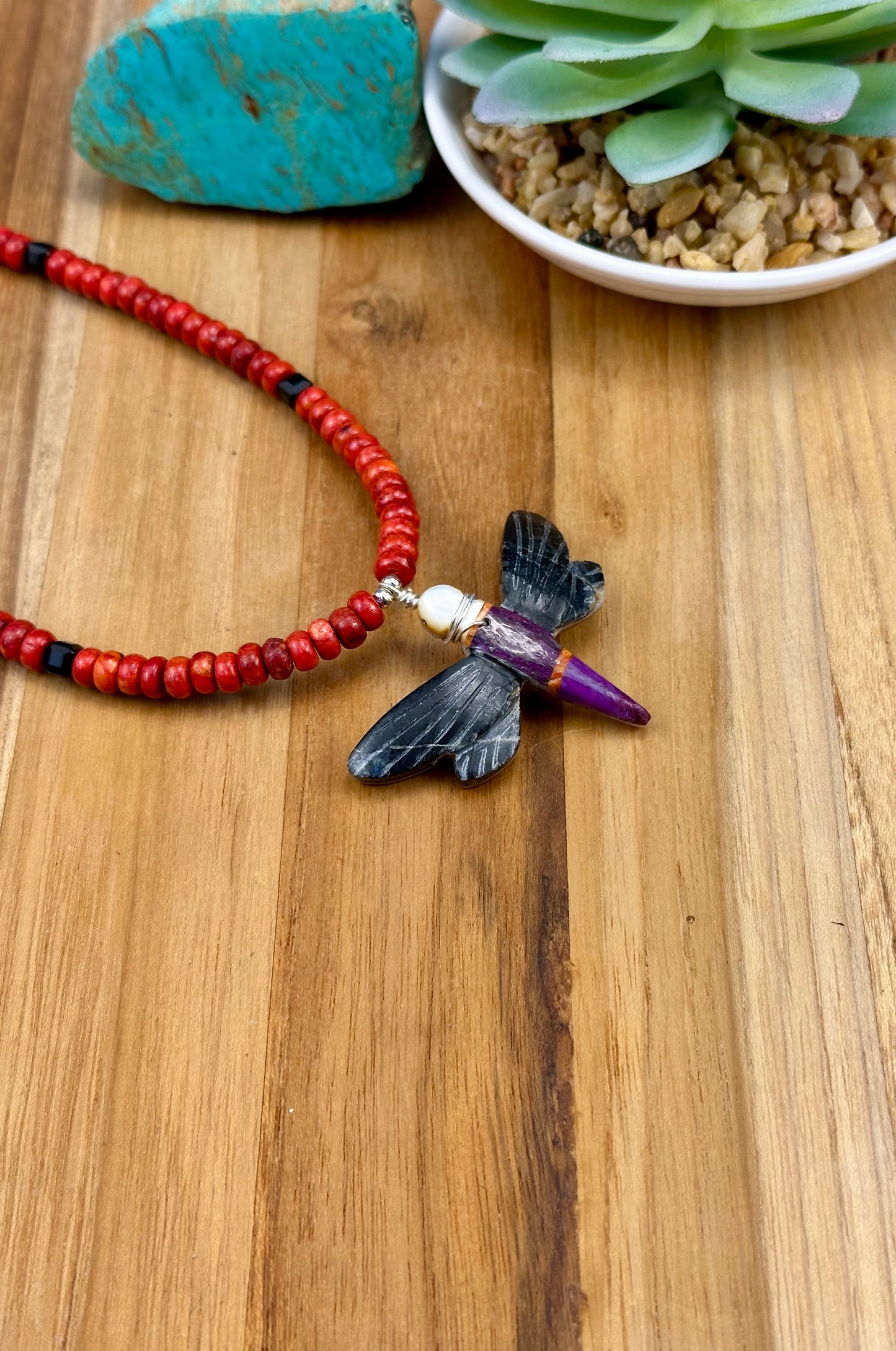 Coral & Multistone Inlay Dragonfly Necklace