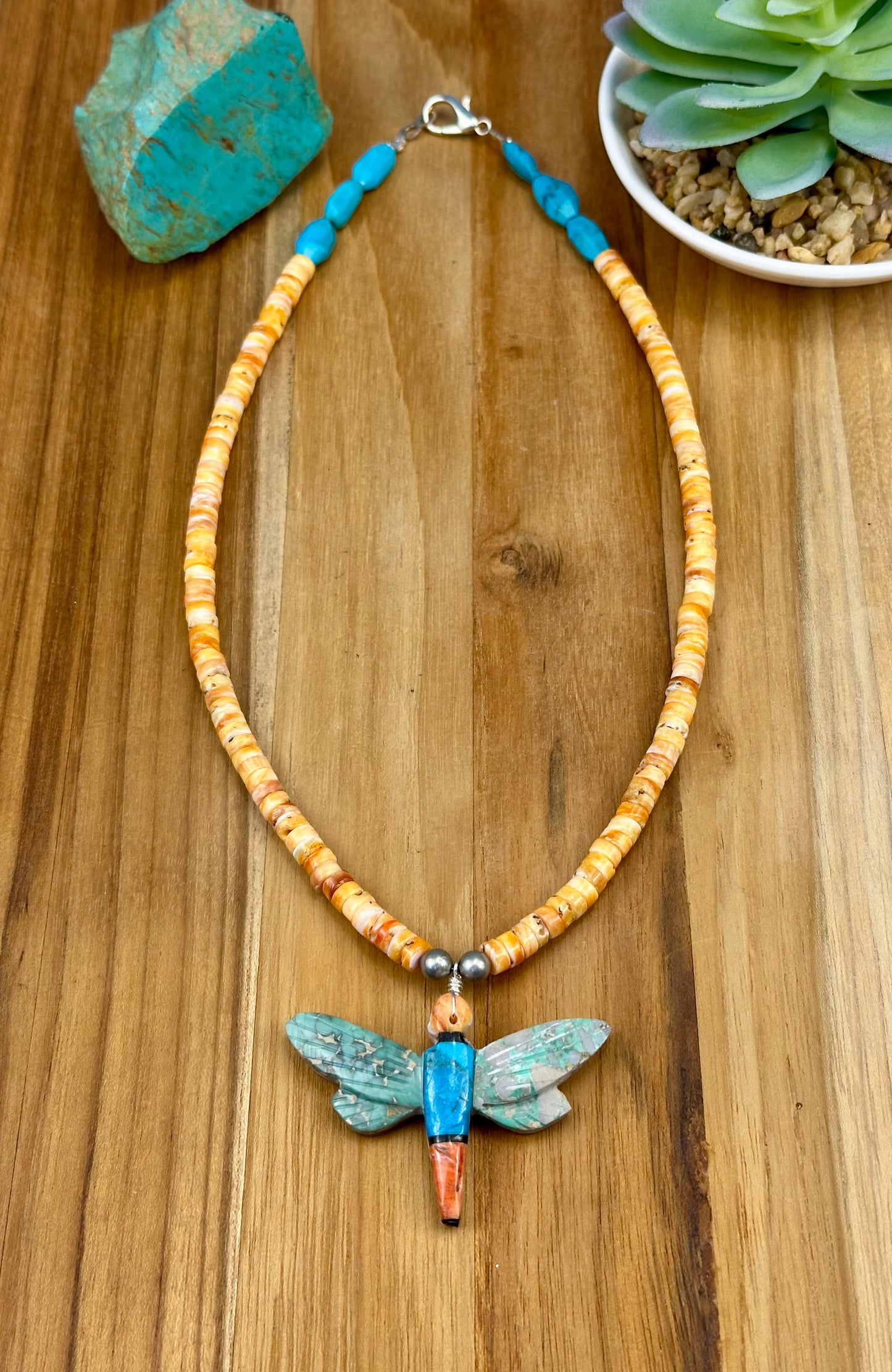 Orange Spiny & Kingman Inlay Dragonfly Necklace