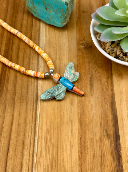 Orange Spiny & Kingman Inlay Dragonfly Necklace