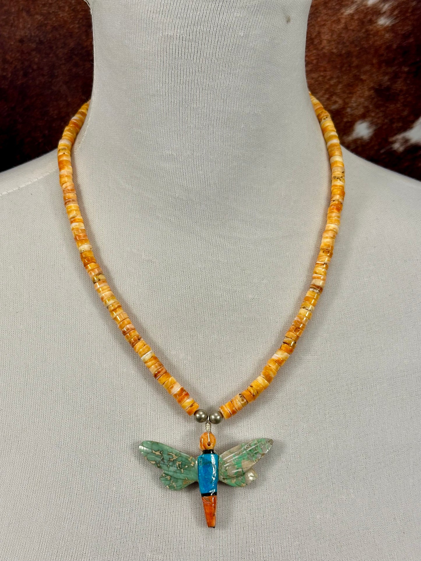 Orange Spiny & Kingman Inlay Dragonfly Necklace