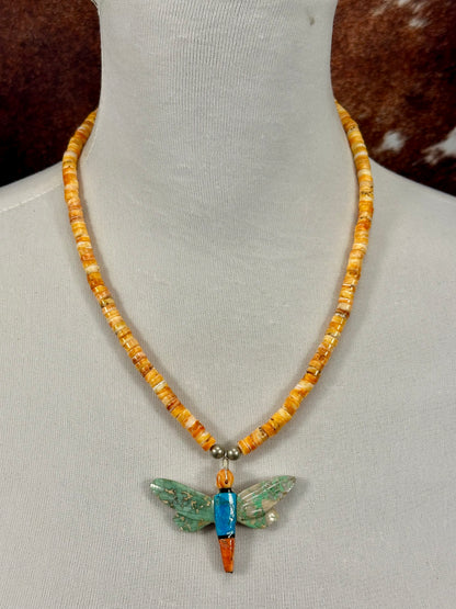 Orange Spiny & Kingman Inlay Dragonfly Necklace