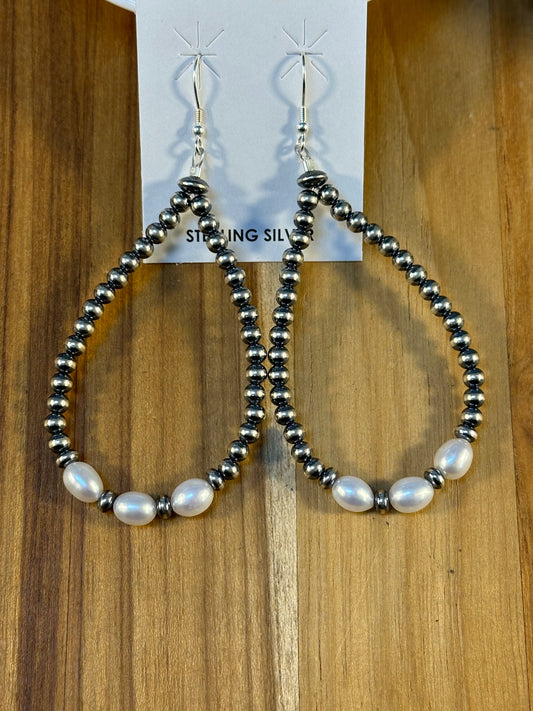 Freshwater Pearl Navajo Style Teardrop 3-Bead Earrings