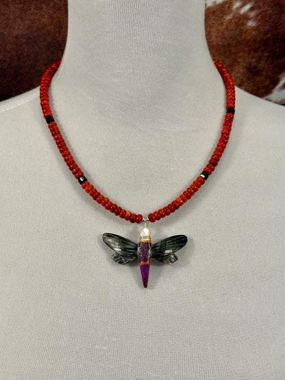Coral & Multistone Inlay Dragonfly Necklace