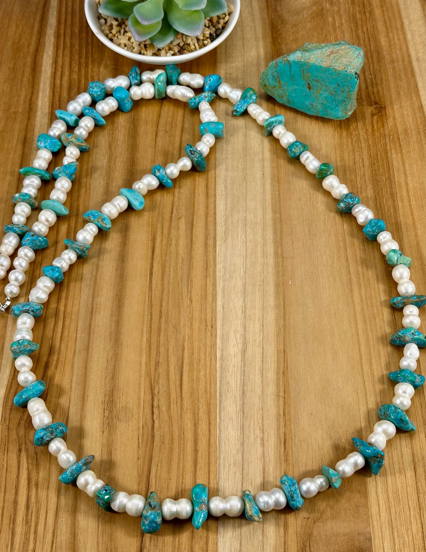 Pearl and Kingman Bead Necklace