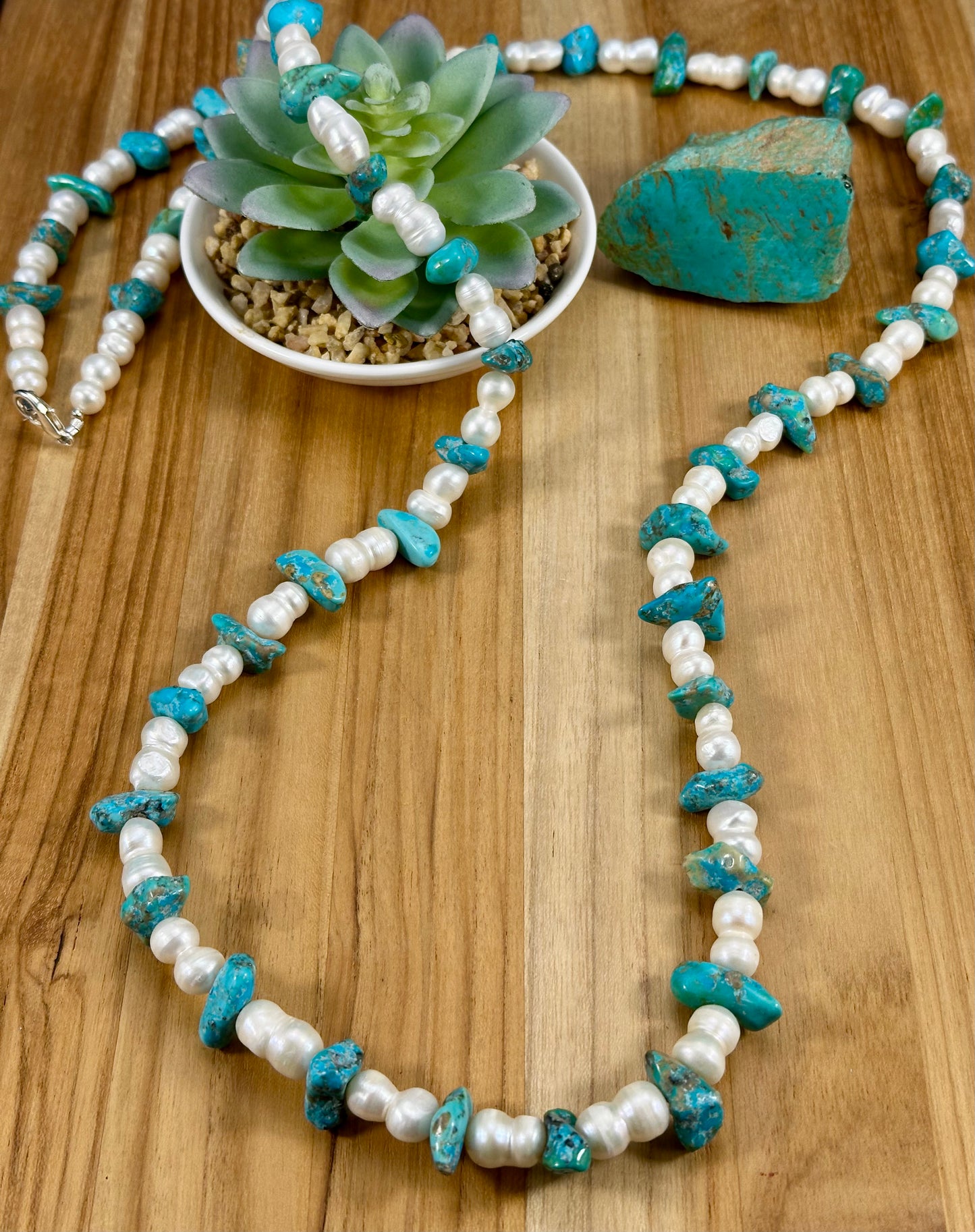 Pearl and Kingman Bead Necklace