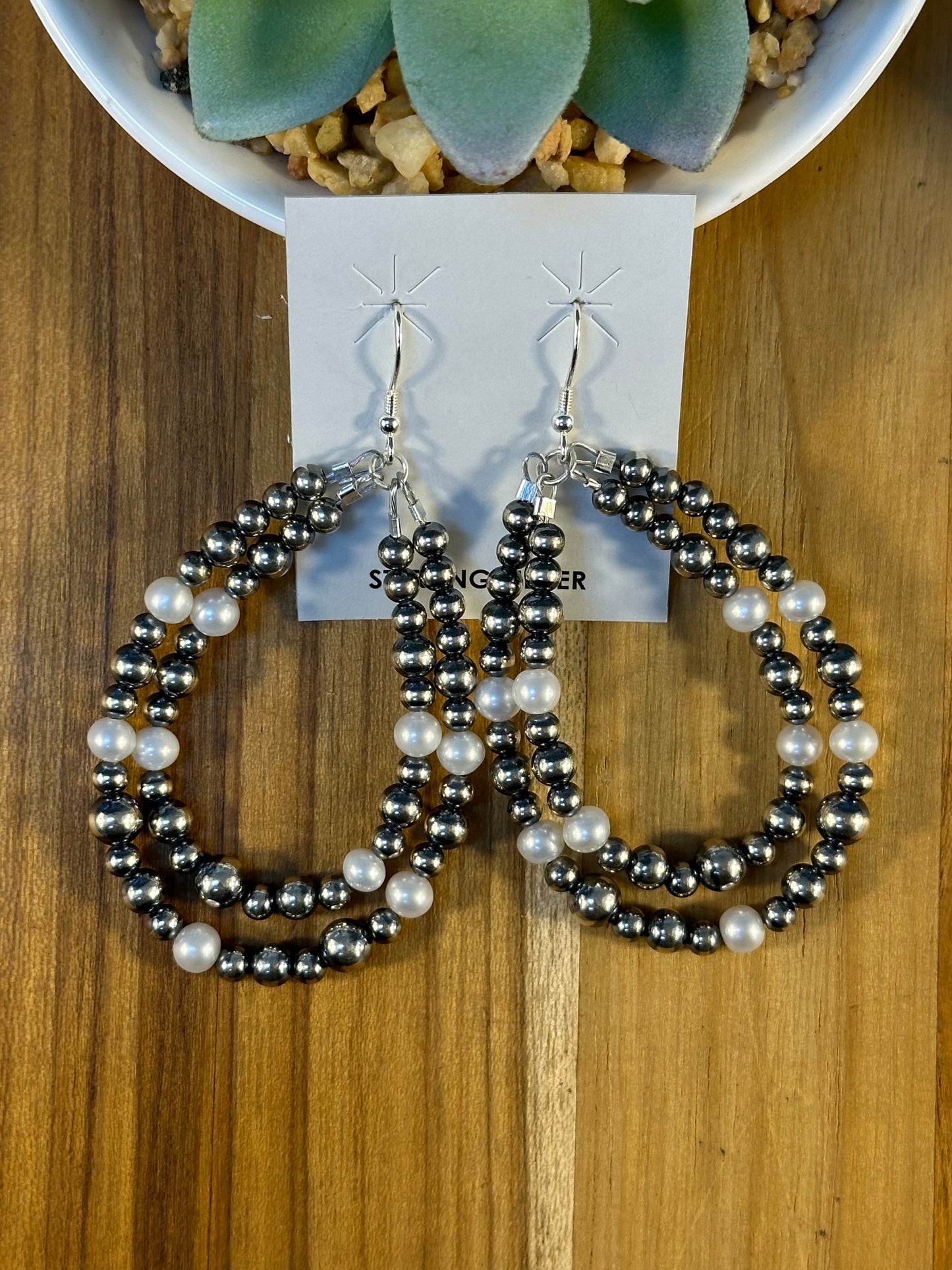 Freshwater Pearl Navajo Style Double-Teardrop Earrings