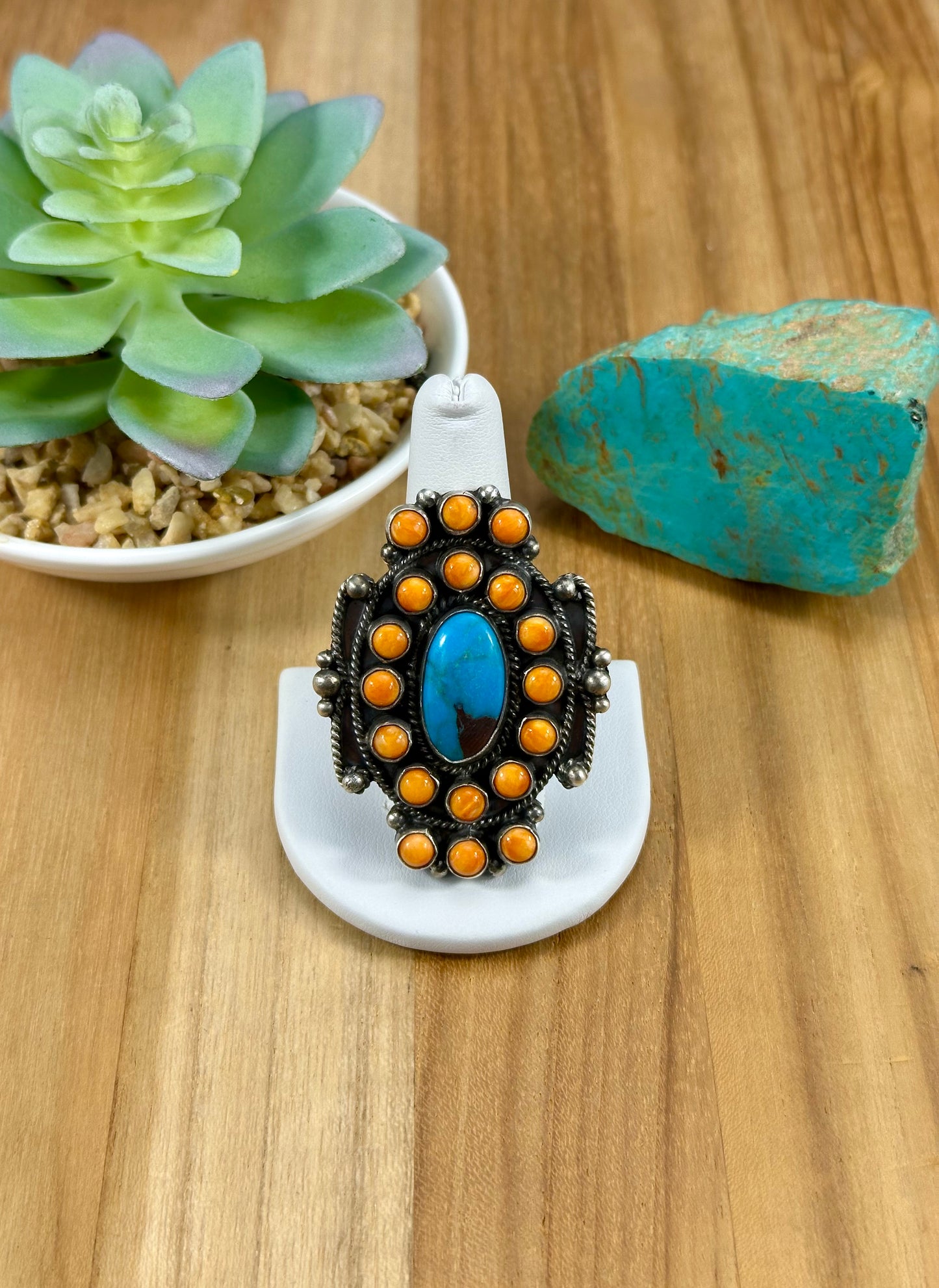 Orange Spiny & Kingman Turquoise Sterling Ring