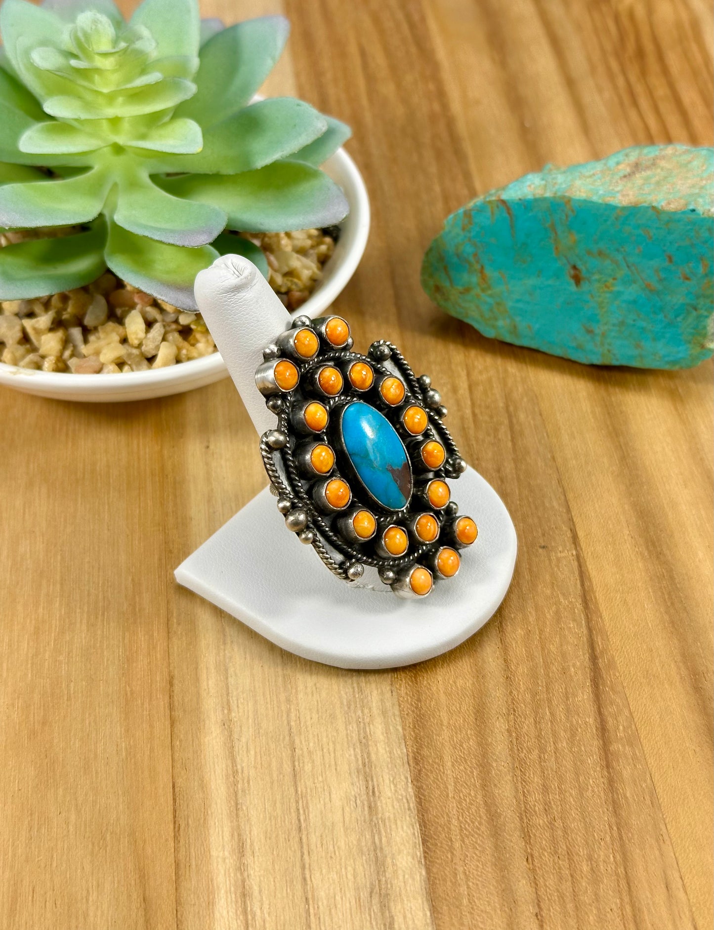 Orange Spiny & Kingman Turquoise Sterling Ring