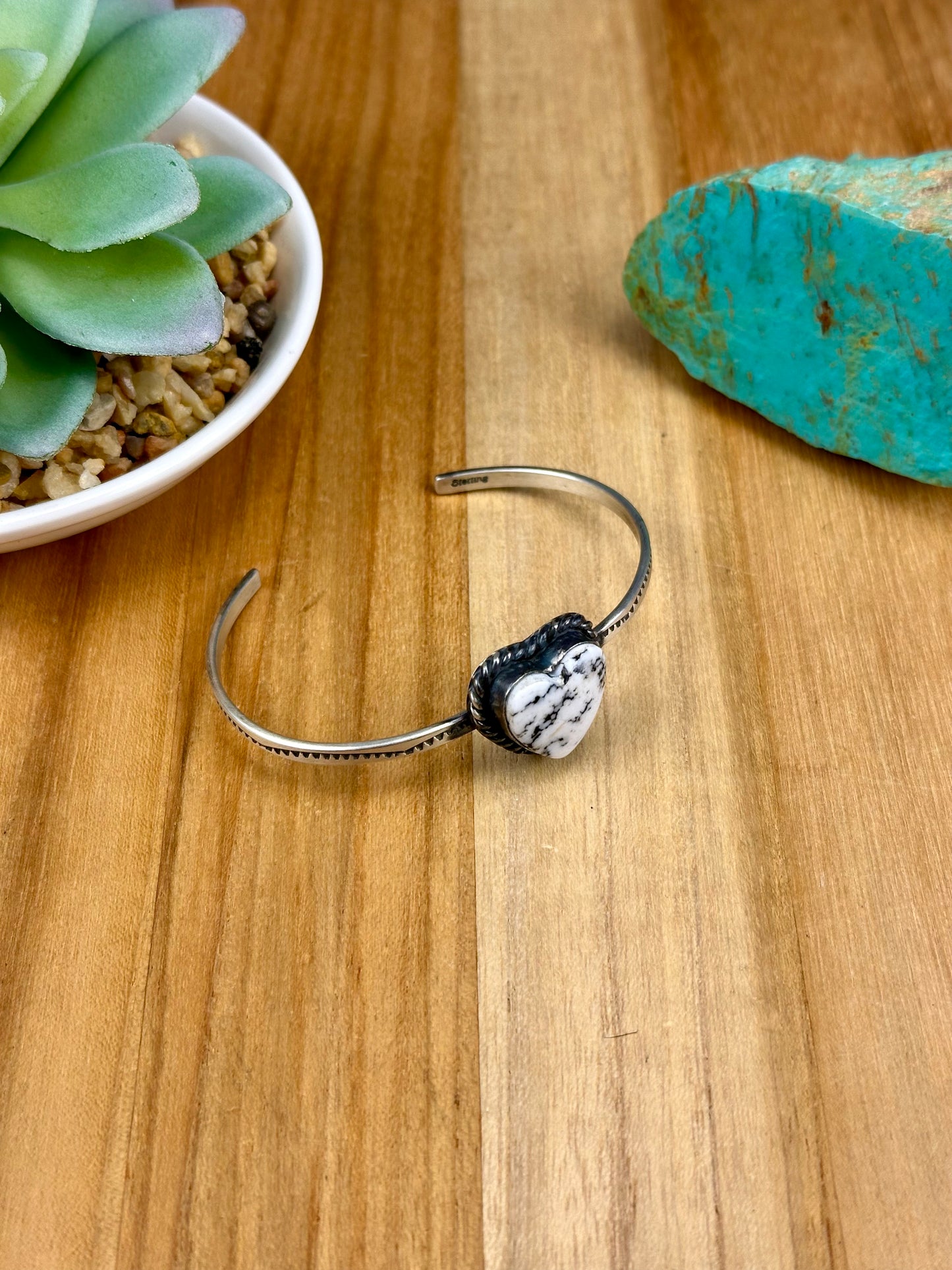 White Buffalo Heart Sterling Silver Cuff