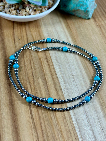 24" Navajo Style Pearl and Turquoise Necklace
