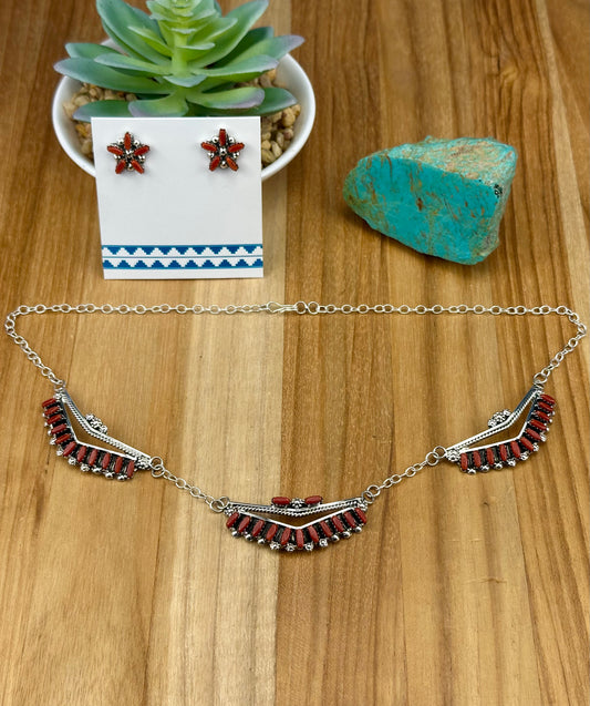 Coral Cluster Sterling Silver Necklace Set